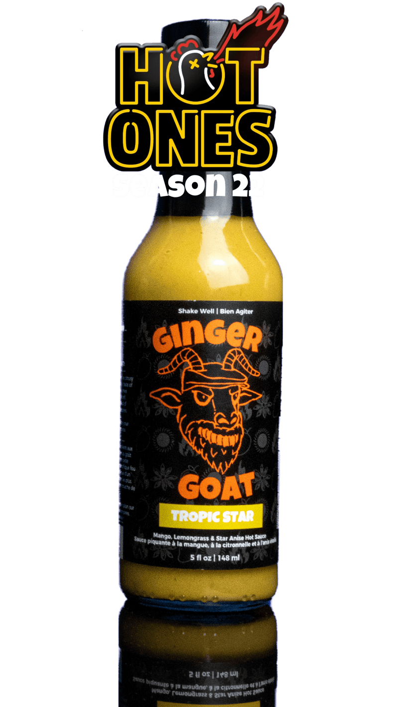 Tropic Star hot sauce by Ginger Goat – Canadian tropical hot sauce with mango, lemongrass, and superhot peach peppers as seen on Hot Ones Season 22
