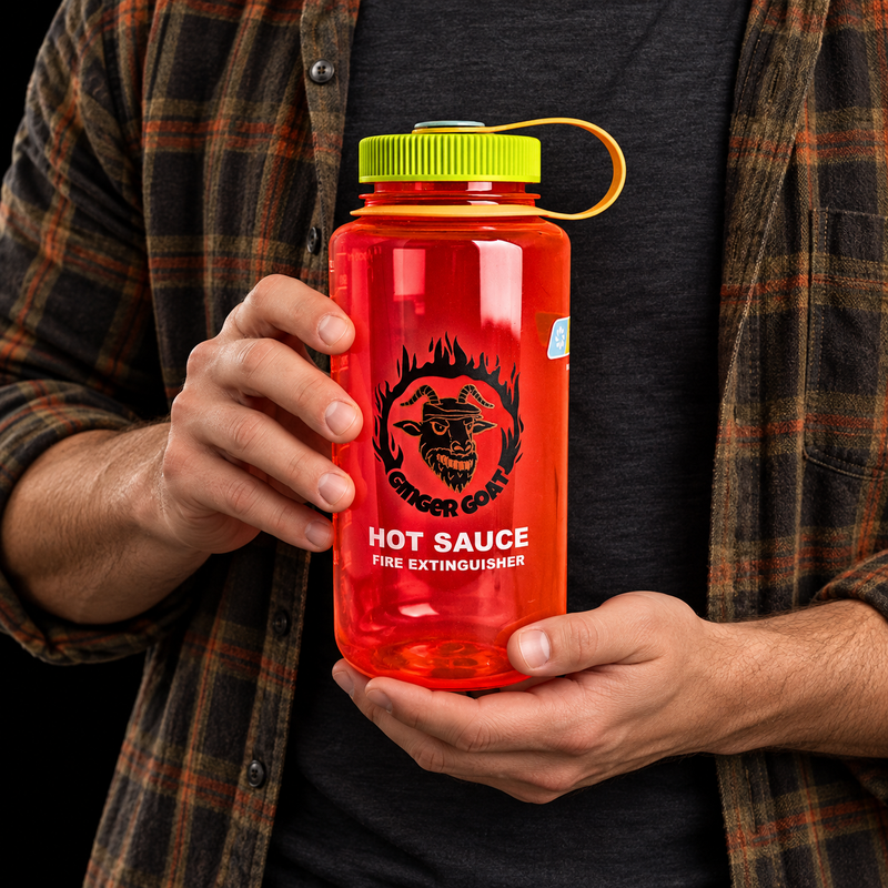 Hot Sauce Fire Extinguisher — lifestyle detail on black