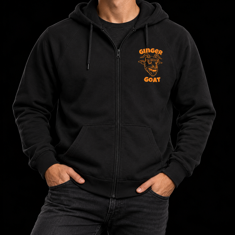 Ginger Goat - Logo - Zip Hoodie — lifestyle detail on black, without a visible face