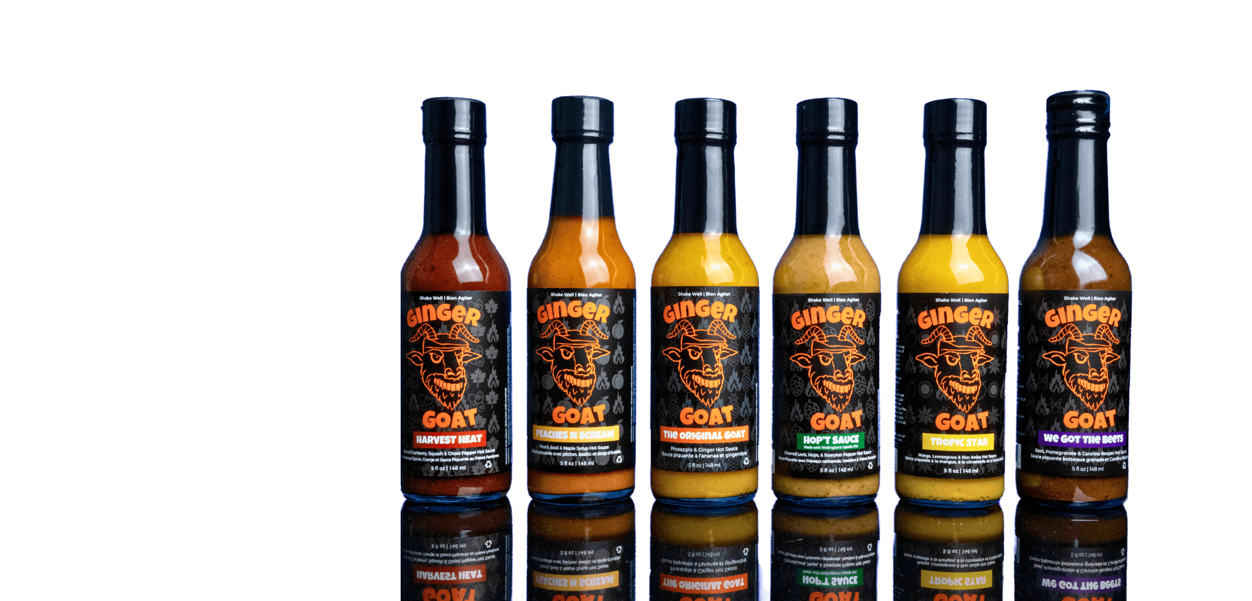 All-natural Canadian hot sauces by Ginger Goat – full lineup including Hot Ones featured and award-winning small-batch sauces in glass bottles