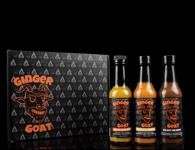 Animated GIF showing a customizable 3-pack of Ginger Goat Canadian hot sauces, highlighting mix-and-match bottle options with bold packaging as seen on Hot Ones. 