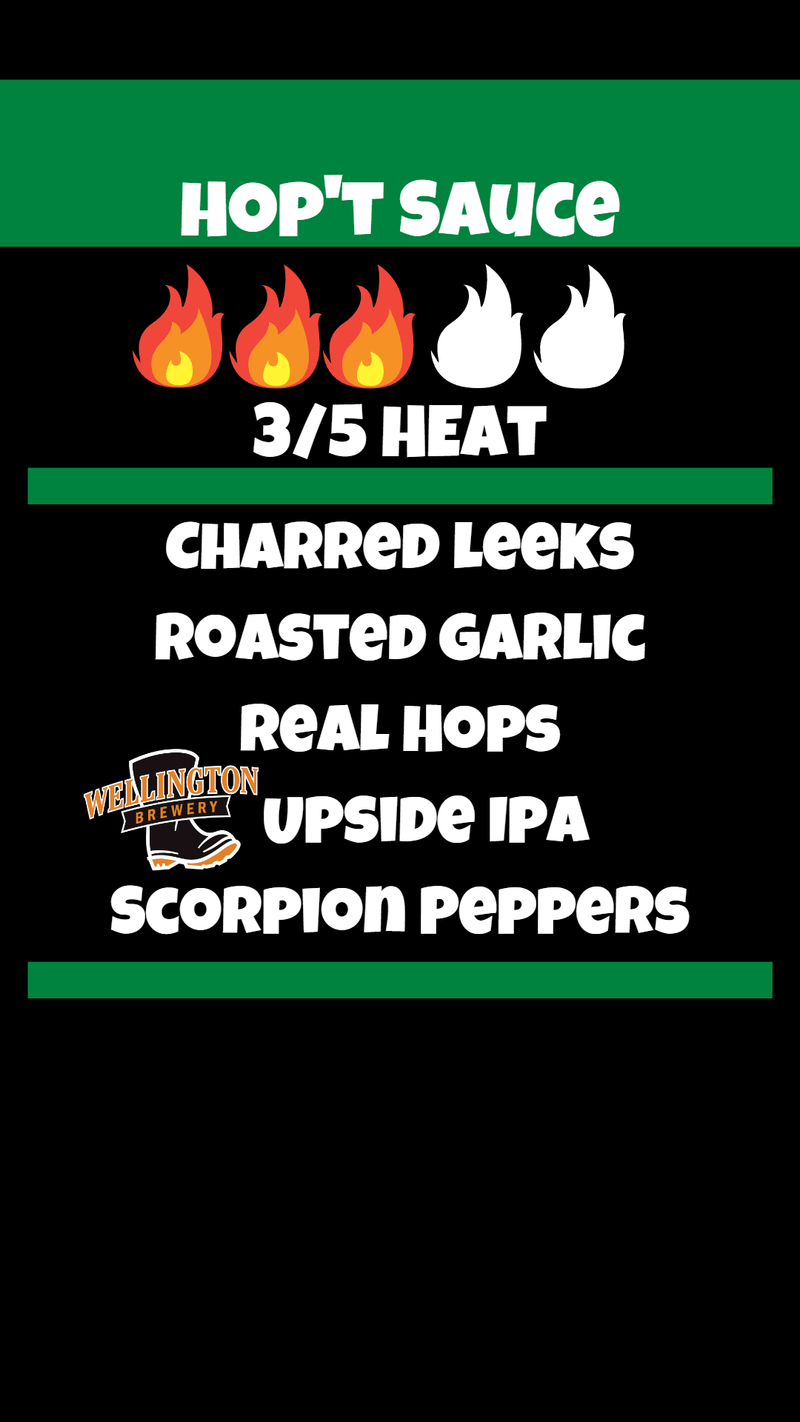 Hop’T Sauce label showing all-natural ingredients and scorpion pepper heat – beer-infused hot sauce