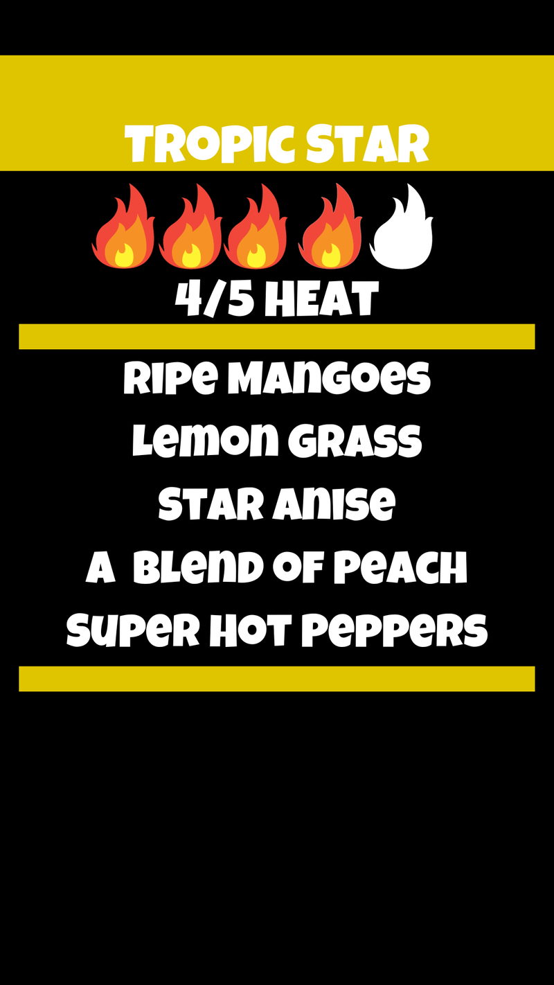 Tropic Star nutrition label with all-natural ingredients and heat level – mango, lemongrass, and superhot peppers as seen on Hot Ones
